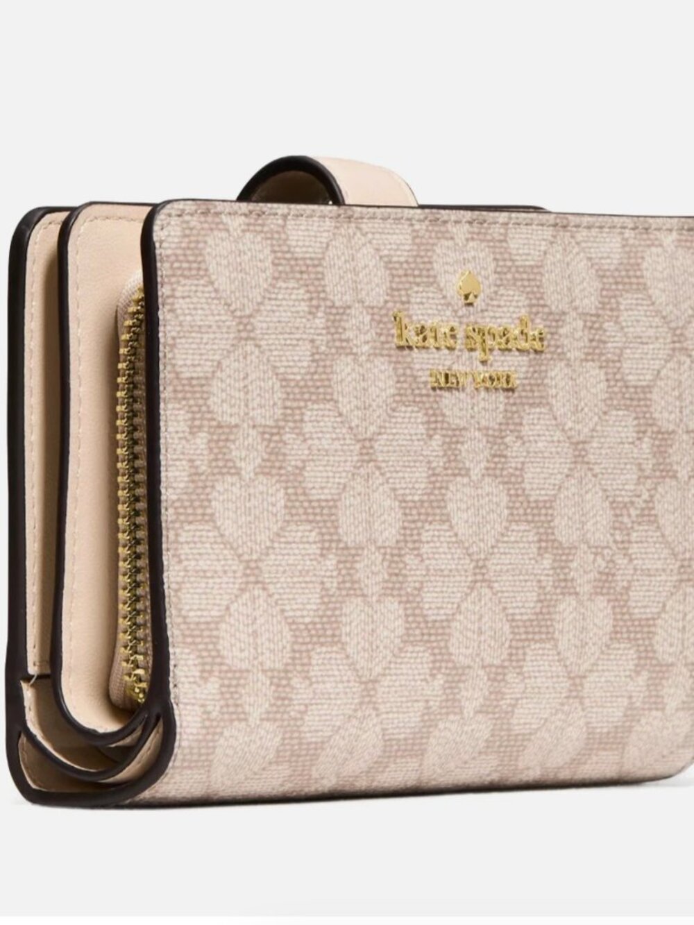 New Kate Spade Signature Spade Flower Medium Bifold Wallet Dark Beige Moon Dust